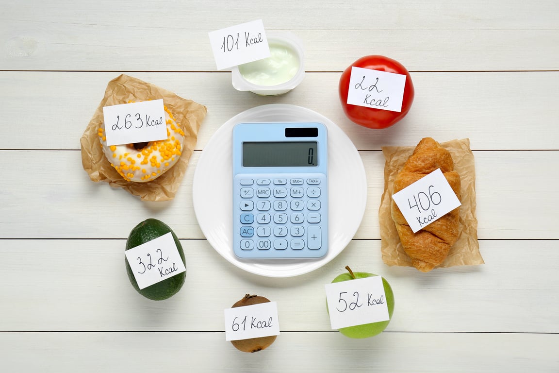 Calculator and Foods with Calorific Value Tags 